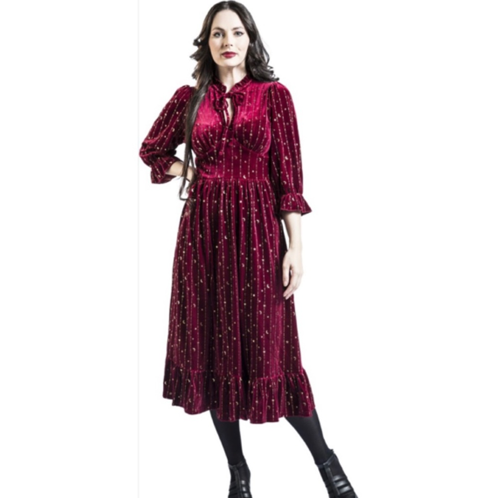 NWT Hell Bunny “Galactica” burgundy velvet with gold print Midi Dress